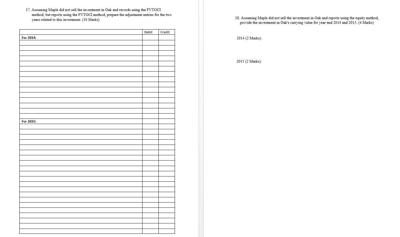 17. Assuming Maple did not sell the investment in Oak and records using the FVTOCI method, but reports using