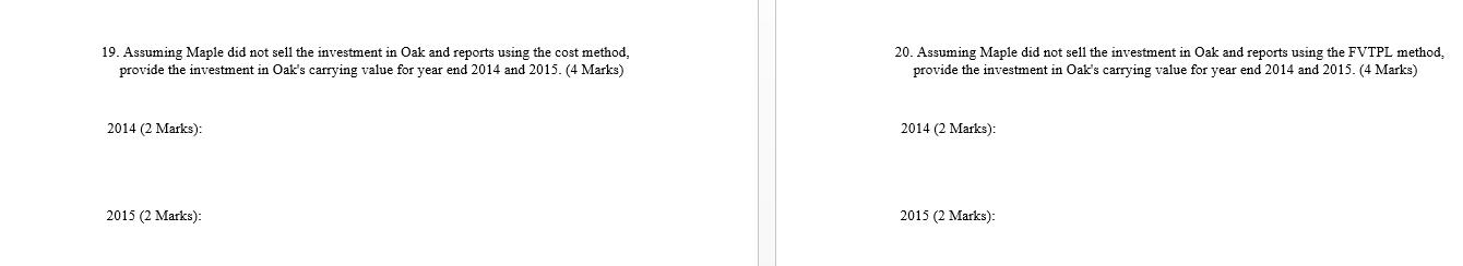 19. Assuming Maple did not sell the investment in Oak and reports using the cost method, provide the