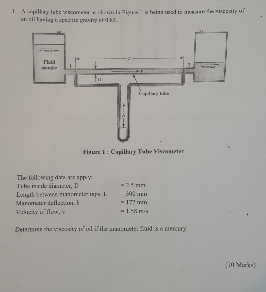 1. A capillary tube viscometer as shown in Figure 1 is being used to measure the viscosity ofan oil having a specific gravit