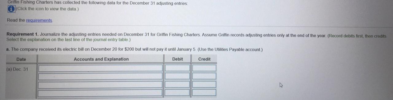 Griffin Fishing Charters has collected the following data for the December 31 adjusting entries.(Click the icon to view the