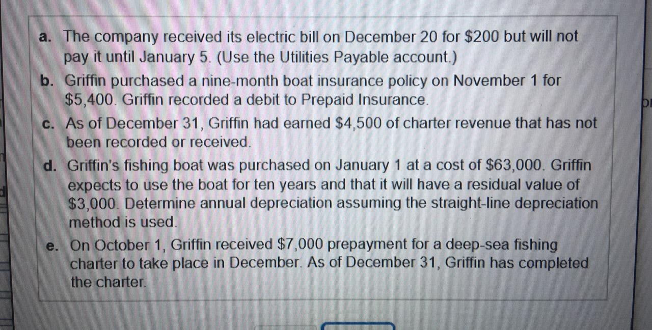 a. The company received its electric bill on December 20 for $200 but will notpay it until January 5. (Use the Utilities Pay