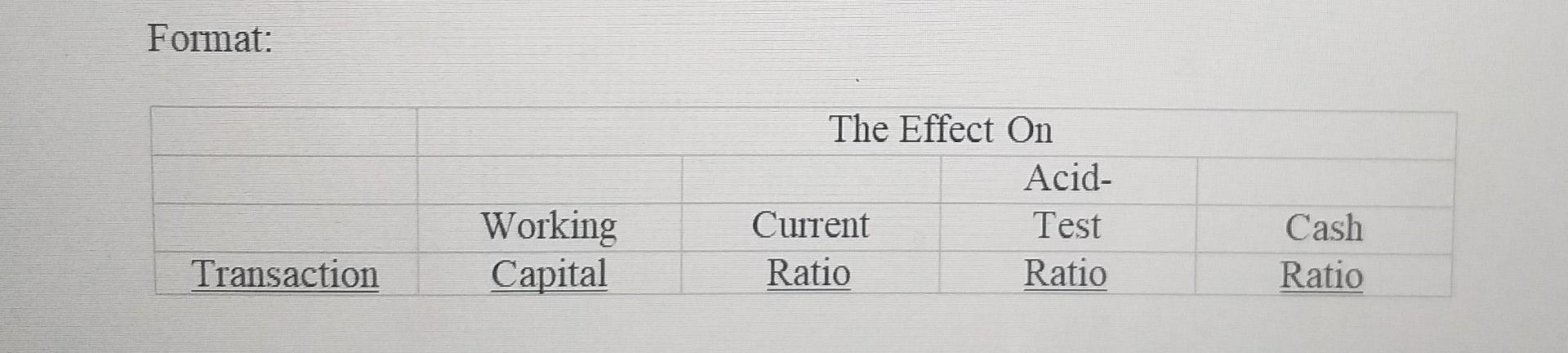 Format: The Effect On Acid- Current Test Ratio Ratio Working Capital Cash Ratio Transaction