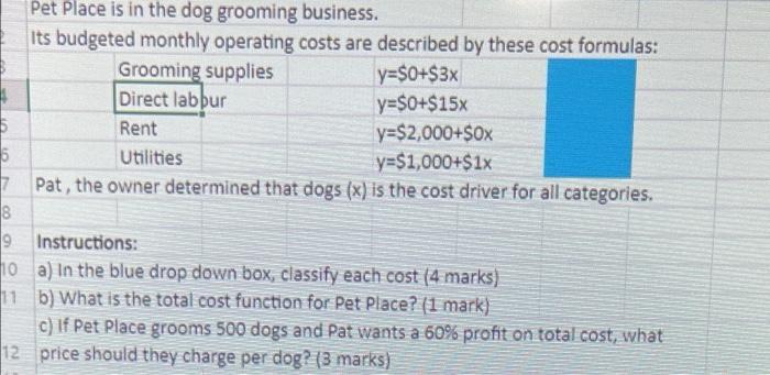 Pet Place is in the dog grooming business. Its budgeted monthly operating costs are described by these cost formulas: Groomin