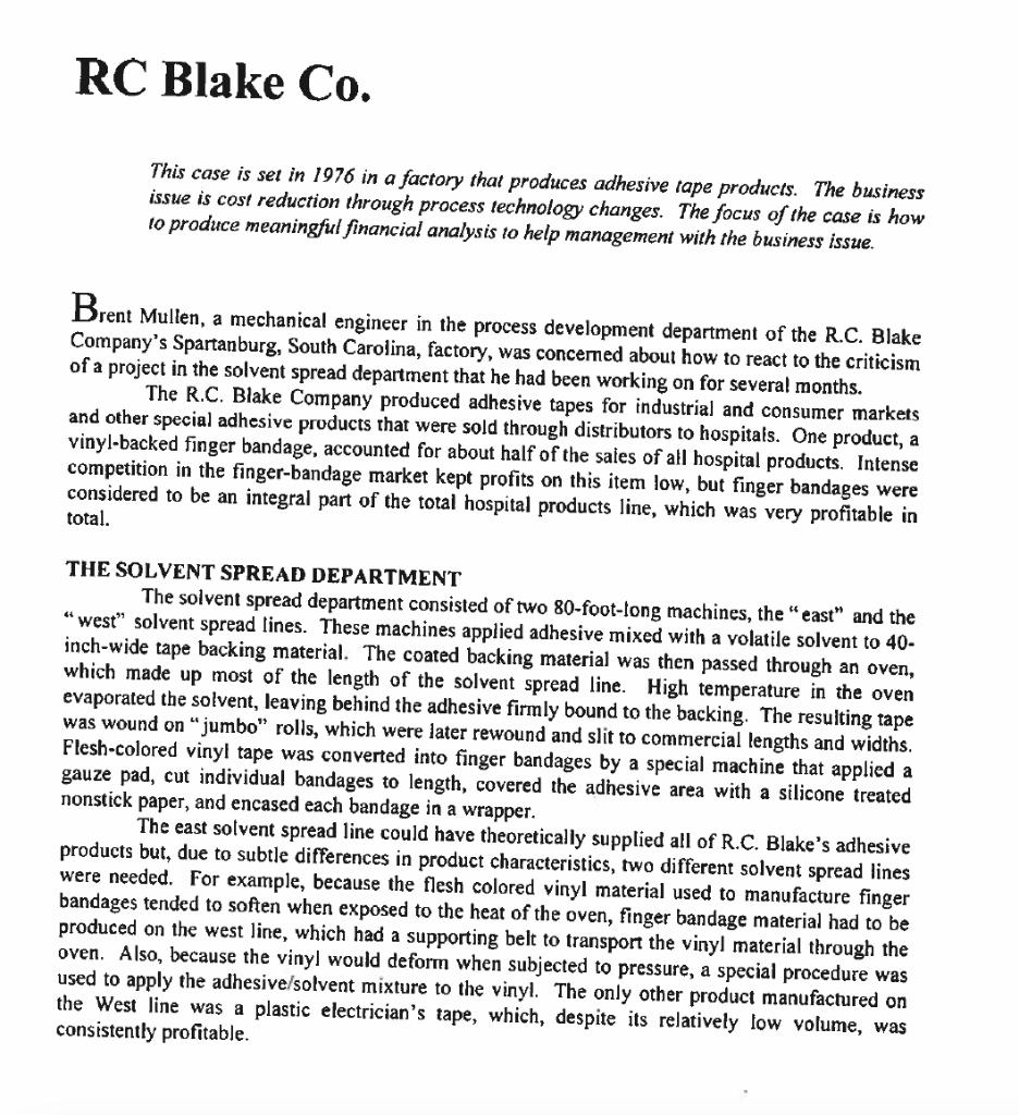 RC Blake Co. This case is set in 1976 in a factory that produces adhesive tape products. The business issue is cost reduction
