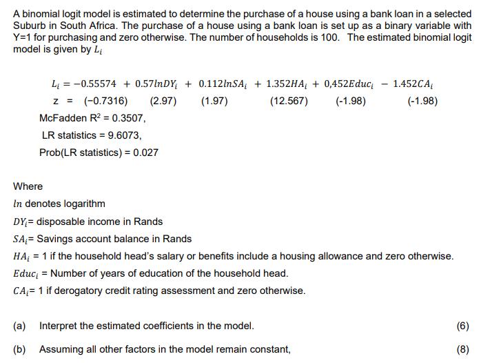 A binomial logit model is estimated to determine the purchase of a house using a bank loan in a selected Suburb in South Afri