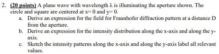 2. (20 points) A plane wave with wavelength 2 is illuminating the aperture shown. Thecircle and square are centered at x= 0