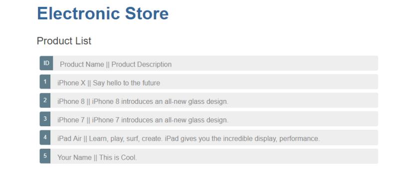 Electronic Store Product List ID Product Name || Product Description 1 iPhone X || Say hello to the future 2