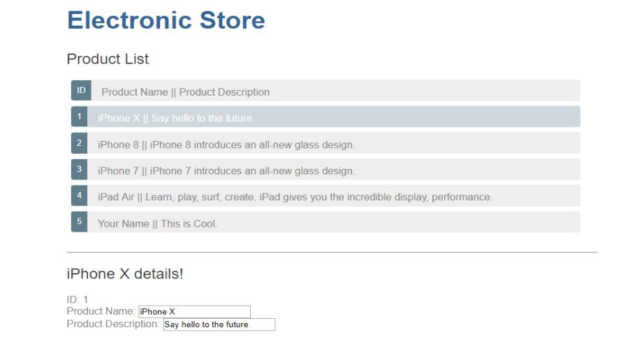 Electronic Store Product List ID Product Name || Product Description 1 iPhone X || Say hello to the future 2