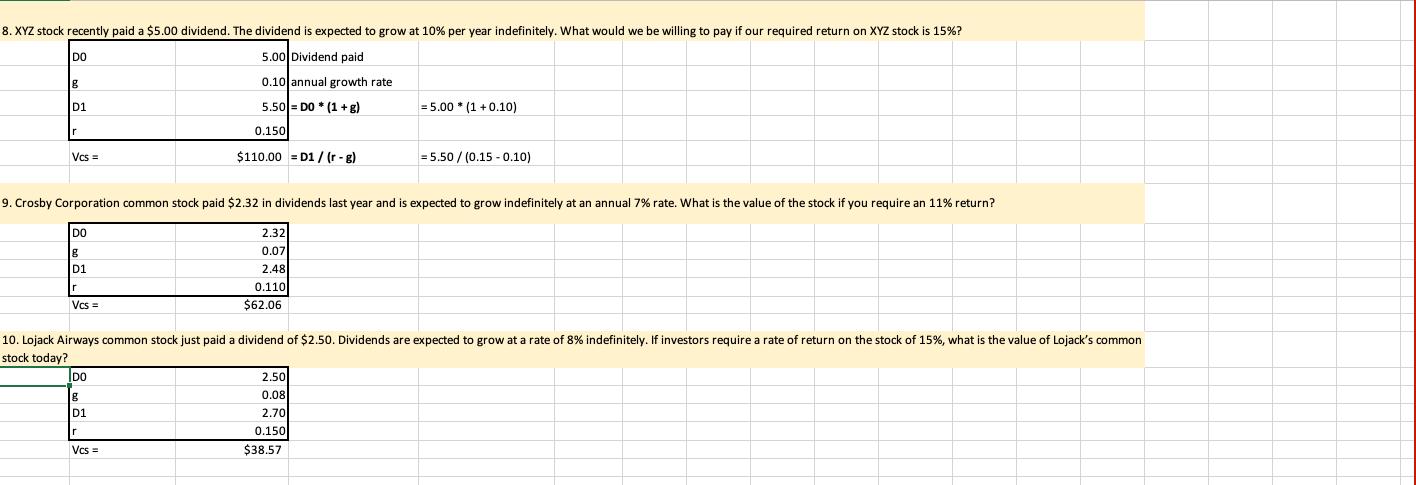 8. XYZ stock recently paid a $5.00 dividend. The dividend is expected to grow at 10% per year indefinitely. What would we be