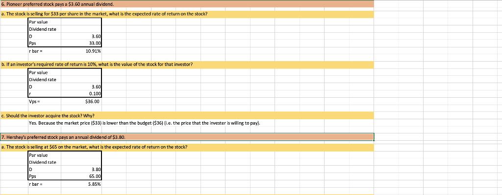 6. Pioneer preferred stock pays a $3.60 annual dividend. a. The stock is selling for $33 per share in the market, what is the