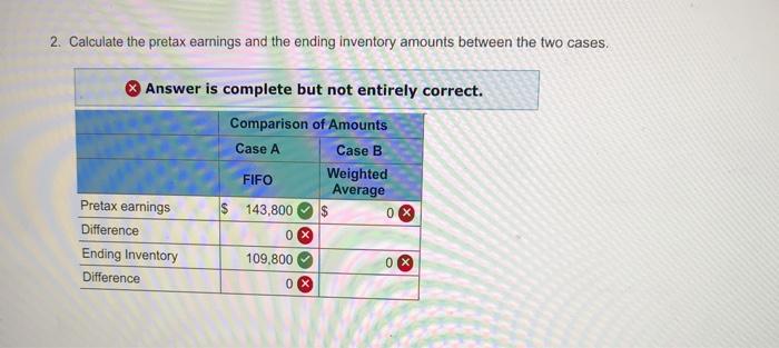 2. Calculate the pretax earnings and the ending inventory amounts between the two cases. Answer is complete but not entirely