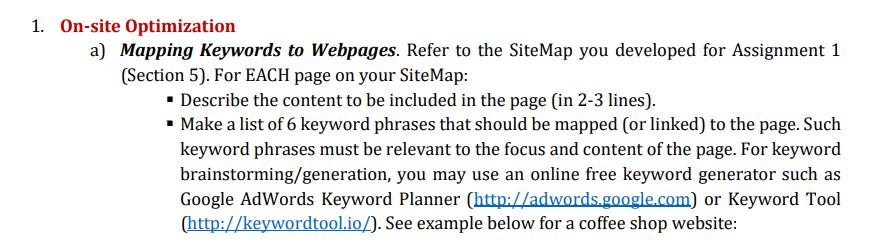 1. On-site Optimization a) Mapping Keywords to Webpages. Refer to the SiteMap you developed for Assignment 1