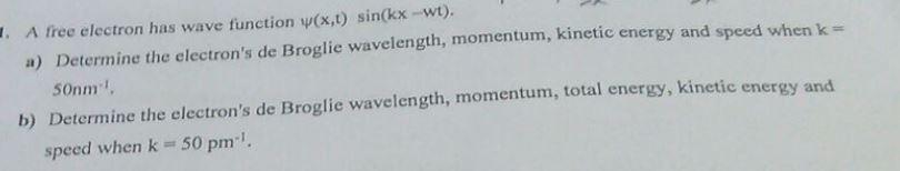. A free electron has wave function y(x,t) sin(kx-wt). a) Determine the