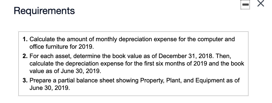 Х 1Requirements 1. Calculate the amount of monthly depreciation expense for the computer and office furniture for 2019. 2. F