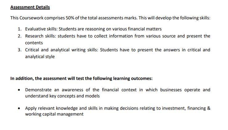 Assessment Details This Coursework comprises 50% of the total assessments marks. This will develop the