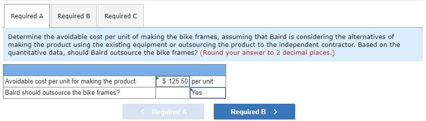 Required A Required B Required C Determine the avoidable cost per unit of making the bike frames, assuming that Baird is cons