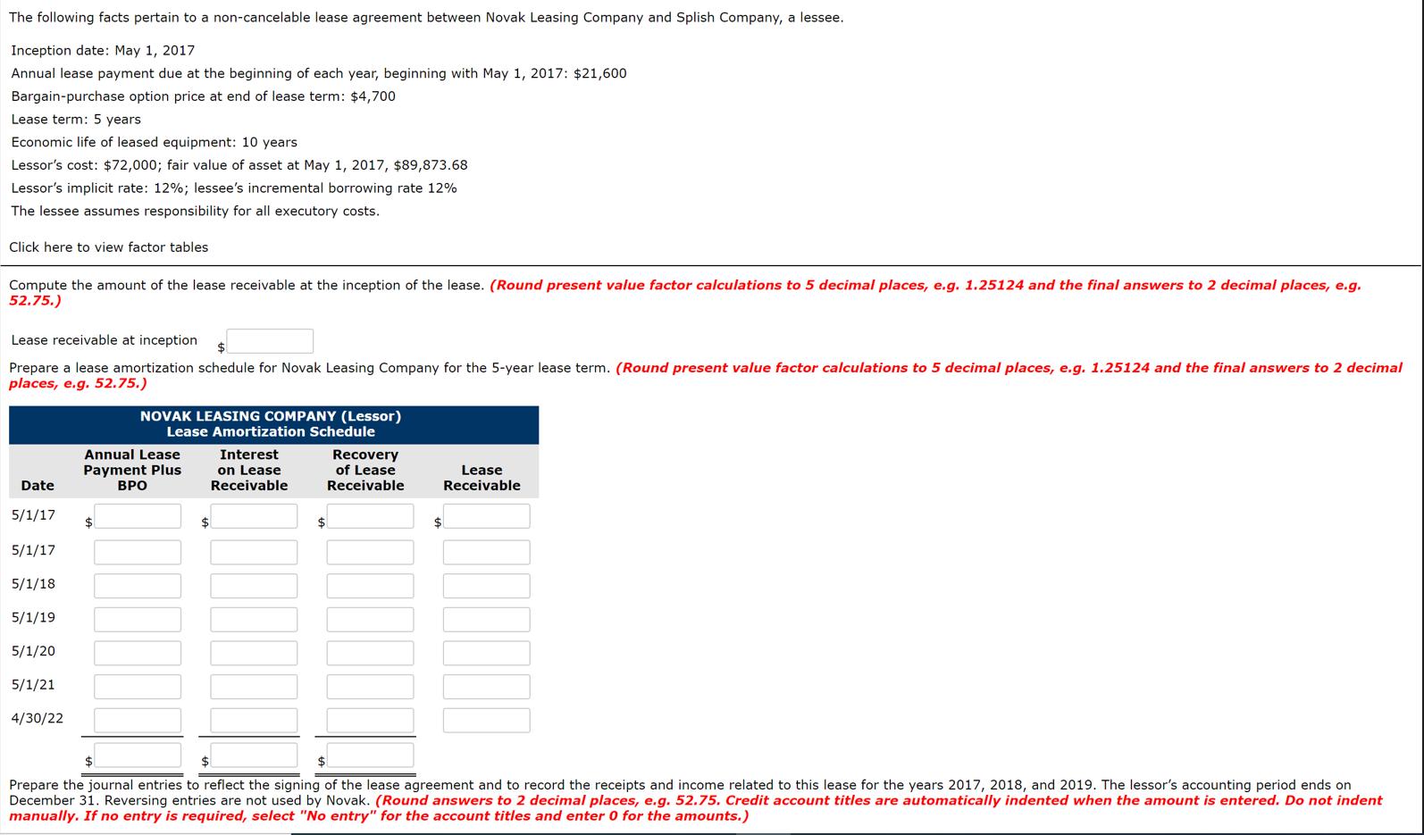 The following facts pertain to a non-cancelable lease agreement between Novak Leasing Company and Splish