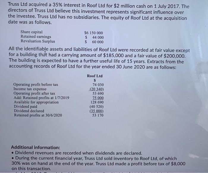 Truss Ltd acquired a 35% interest in Roof Ltd for $2 million cash on 1 July 2017. Thedirectors of Truss Ltd believe this inv