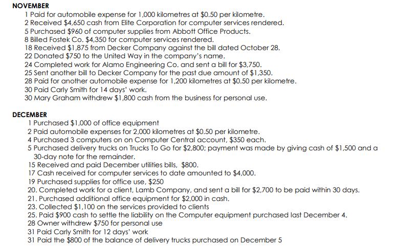 NOVEMBER 1 Paid for automobile expense for 1,000 kilometres at $0.50 per kilometre. 2 Received $4,650 cash