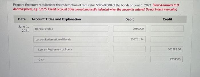 Prepare the entry required for the redemption of face value $3,060,000 of the bonds on June 1, 2021. (Round answers to o deci