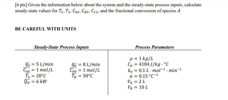 [6 pts] Given the information below about the system and the steady-state process inputs, calculate