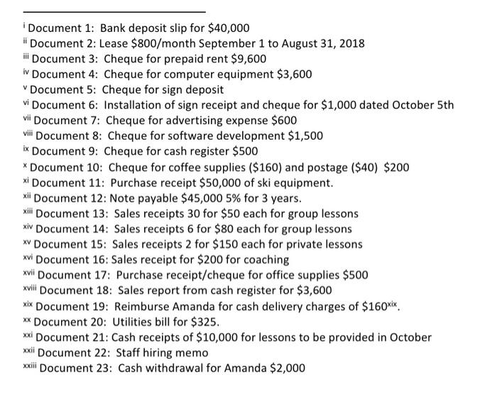 хDocument 1: Bank deposit slip for $40,000Document 2: Lease $800/month September 1 to August 31, 2018Document 3: Cheque fo