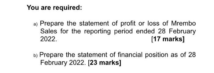 You are required: a) Prepare the statement of profit or loss of Mrembo Sales for the reporting period ended 28 February 2022.