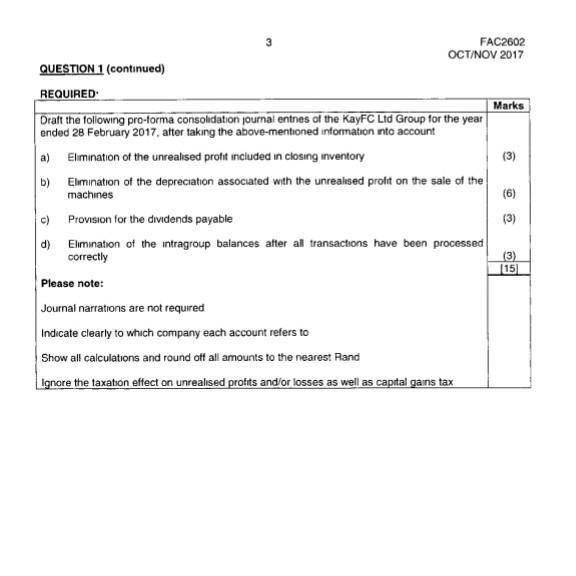 FAC2602OCT/NOV 2017QUESTION 1 (continued)REQUIREDMarksDraft the following pro-forma consolidation journal entnes of the