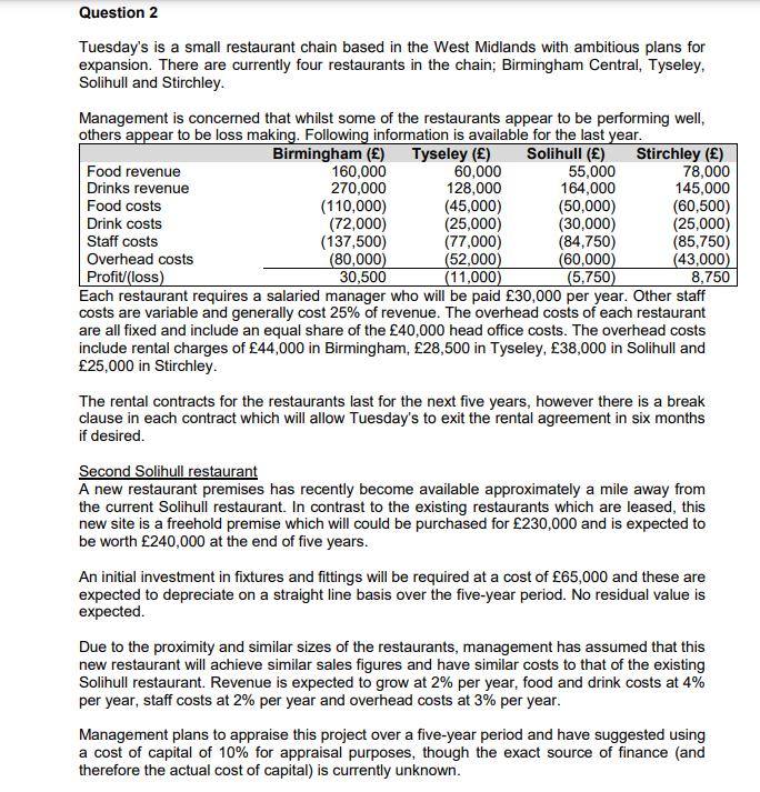 Question 2 Tuesday's is a small restaurant chain based in the West Midlands with ambitious plans for