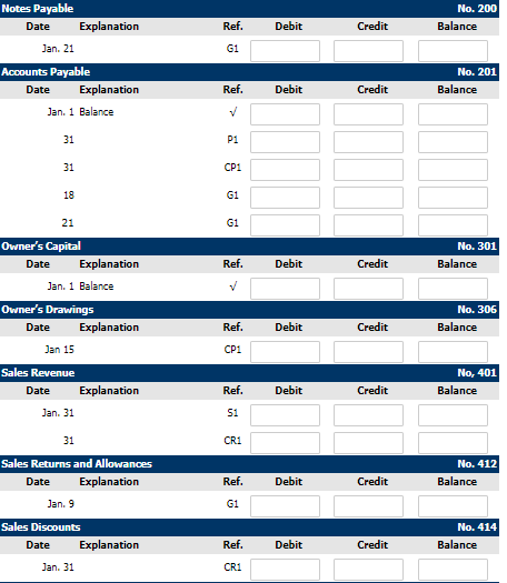 No. 200 Balance Debit Credit Ref. 61 Notes Payable Date Explanation Jan. 21 Accounts Payable Date Explanation Jan. 1 Balance