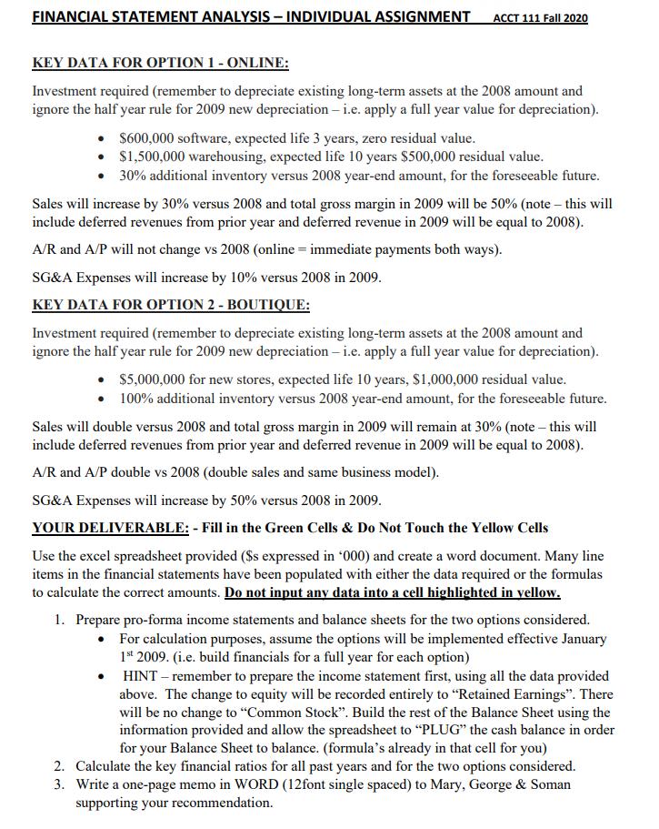 FINANCIAL STATEMENT ANALYSIS - INDIVIDUAL ASSIGNMENTACCT 111 Fall 2020KEY DATA FOR OPTION 1 - ONLINE:Investment required (