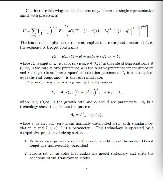 Consider the following model of an economy. There is a single representative agent with preferences 1-p U= - 