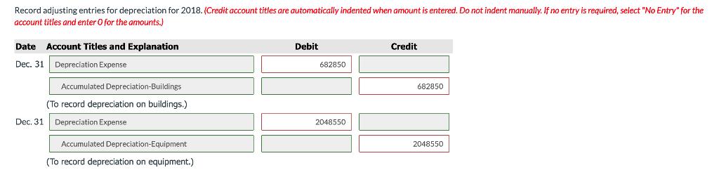 Record adjusting entries for depreciation for 2018. (Credit account titles are automatically indented when amount is entered.