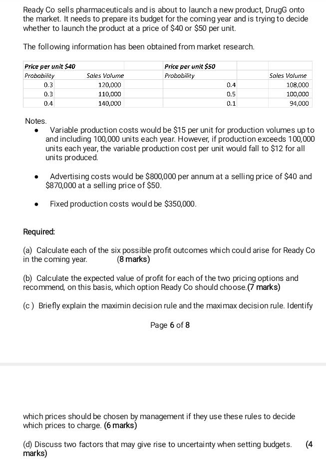 Ready Co sells pharmaceuticals and is about to launch a new product, DrugG onto the market. It needs to prepare its budget fo
