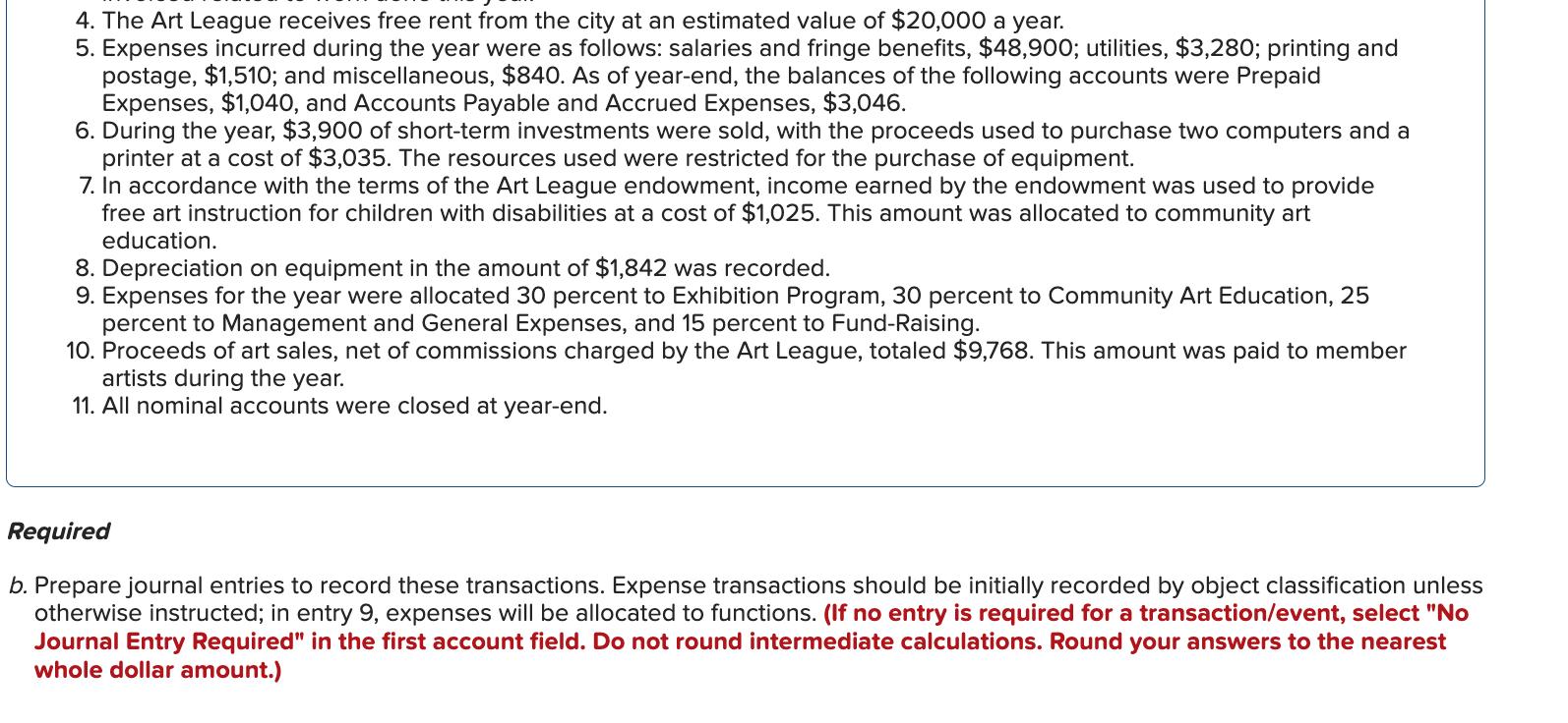 4. The Art League receives free rent from the city at an estimated value of $20,000 a year. 5. Expenses incurred during the y