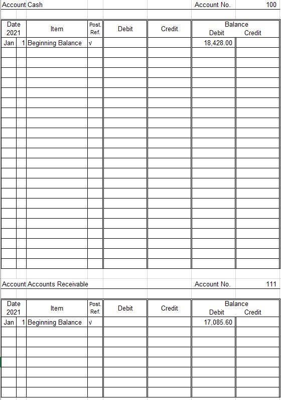 Account Cash Date 2021 Jan 1 Beginning Balance v Item Account Accounts Receivable Post. Ref. Date 2021 Jan 1 Beginning Balanc