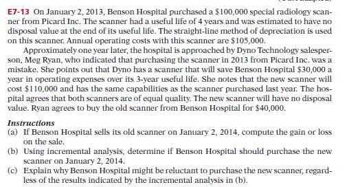 E7-13 On January 2, 2013, Benson Hospital purchased a $100,000 special radiology scan- ner from Picard Inc. The scanner had a