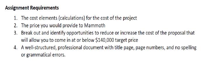 Assignment Requirements 1. The cost elements (calculations) for the cost of the project 2. The price you would provide to Mam