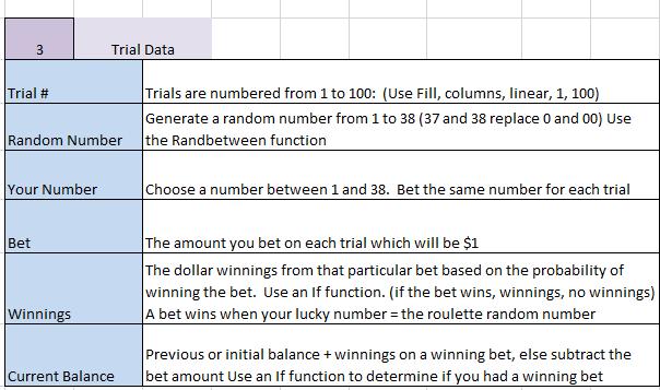 3 Trial Data Trial # Trials are numbered from 1 to 100: (Use Fill, columns, linear, 1, 100) Generate a random number from 1 t