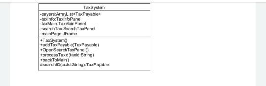 TaxSystem-payers. ArrayList<TaxPayable>trainfo:TaxinfoPanelMain TaxManPanel-searchTax SearchTaxPanel-mainPage:JFrame*Ta