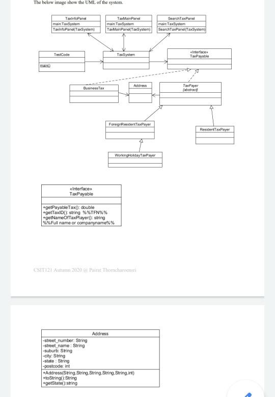 The below image show the UML of the system.TanfoPanelTaMain PanelTaxSystemT.MainPanel TaxSystemSearchTaxPanelin Tante
