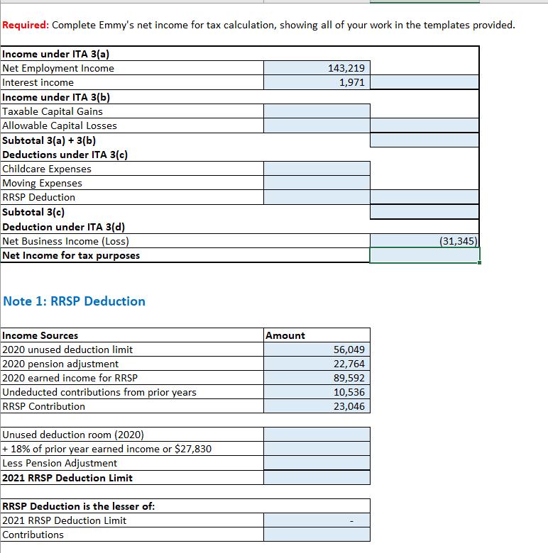 Required: Complete Emmys net income for tax calculation, showing all of your work in the templates provided. Income under IT