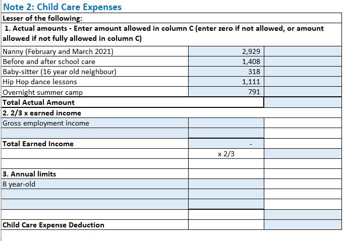 Note 2: Child Care Expenses Lesser of the following: 1. Actual amounts - Enter amount allowed in column C (enter zero if not