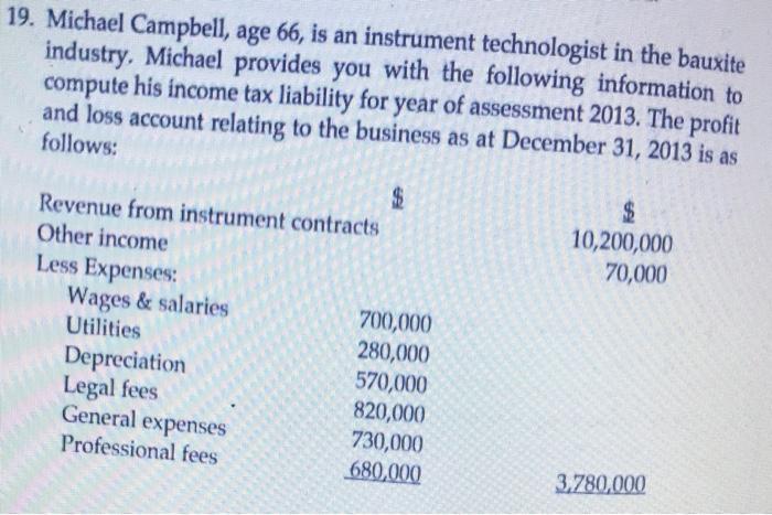 19. Michael Campbell, age 66, is an instrument technologist in the bauxite industry. Michael provides you with the following