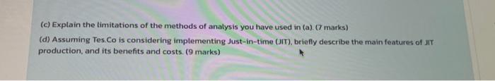 (c) Explain the limitations of the methods of analysis you have used in (a)(7 marks) (d) Assuming Tes.Co is considering imple