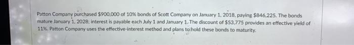 Patton Company purchased $900,000 of 10% bonds of Scott Company on January 1, 2018, paying $846,225. The bonds mature January