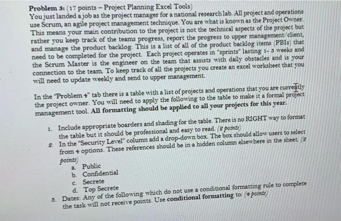 Problem S: (17 points - Project Planning Excel Tools) You just landed a job as the project manager for a
