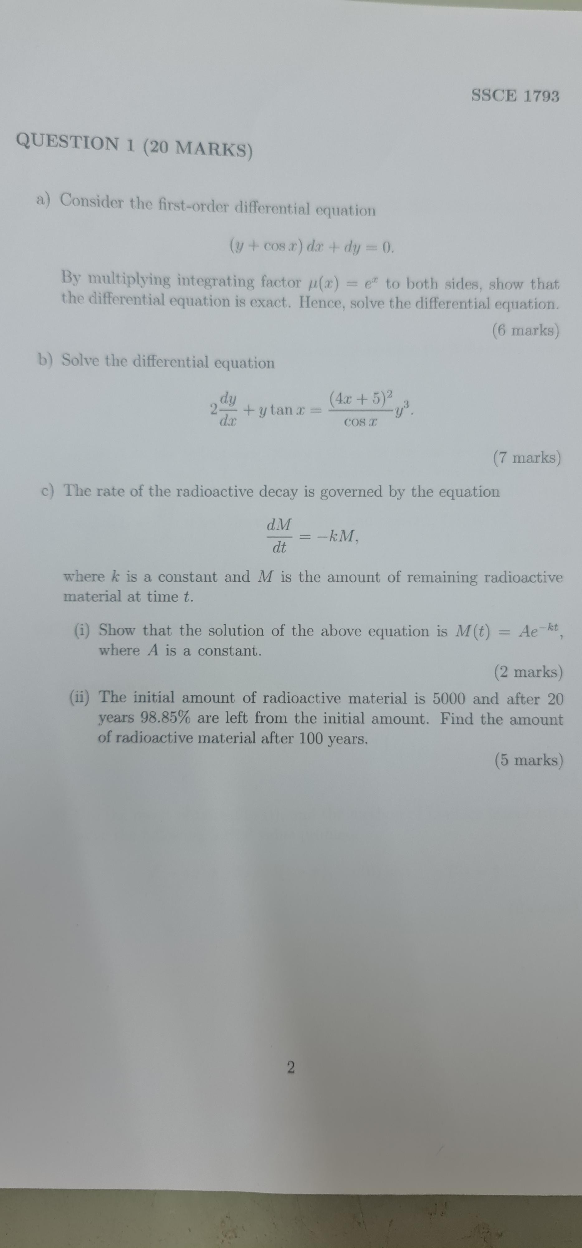 QUESTION 1 (20 MARKS) a) Consider the first-order differential equation (y +