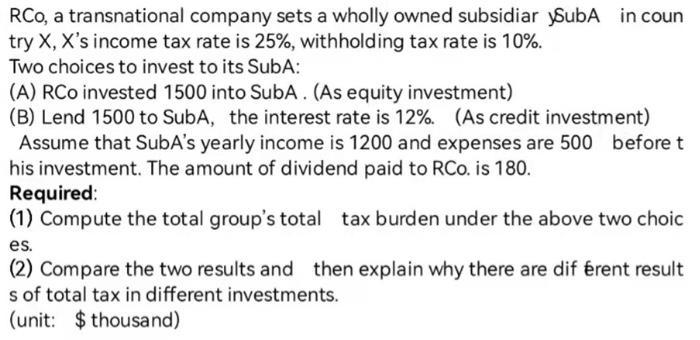 RCO, a transnational company sets a wholly owned subsidiar yubA in coun try X, Xs income tax rate is 25%, withholding tax ra
