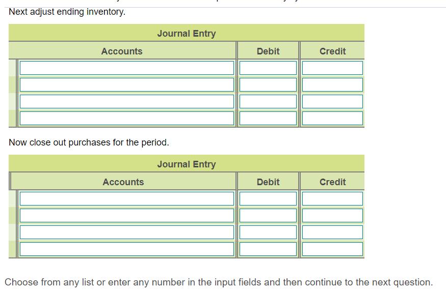 Next adjust ending inventory. Journal Entry Accounts Debit Credit Now close out purchases for the period. Journal Entry Accou